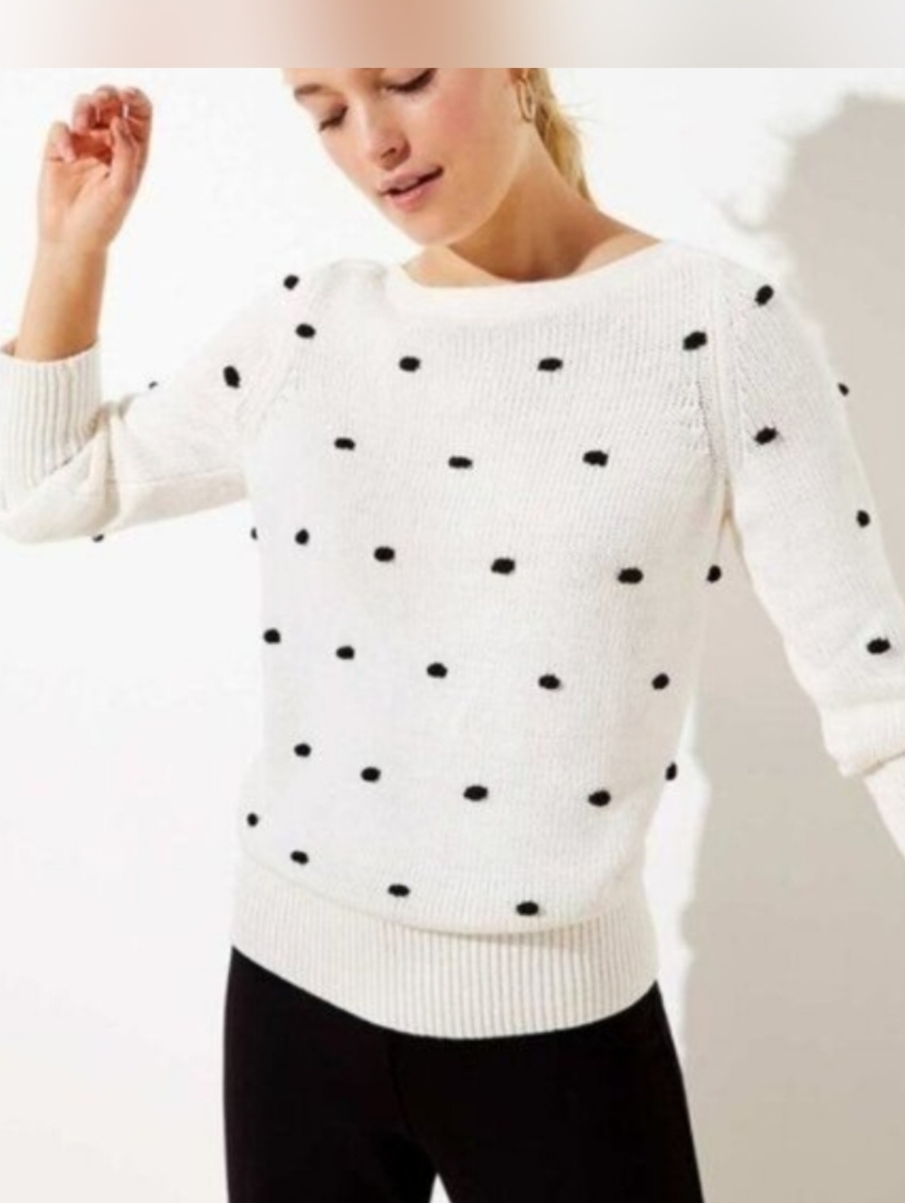 Loft Cotton Pom Pom Boatneck Sweater White And Black